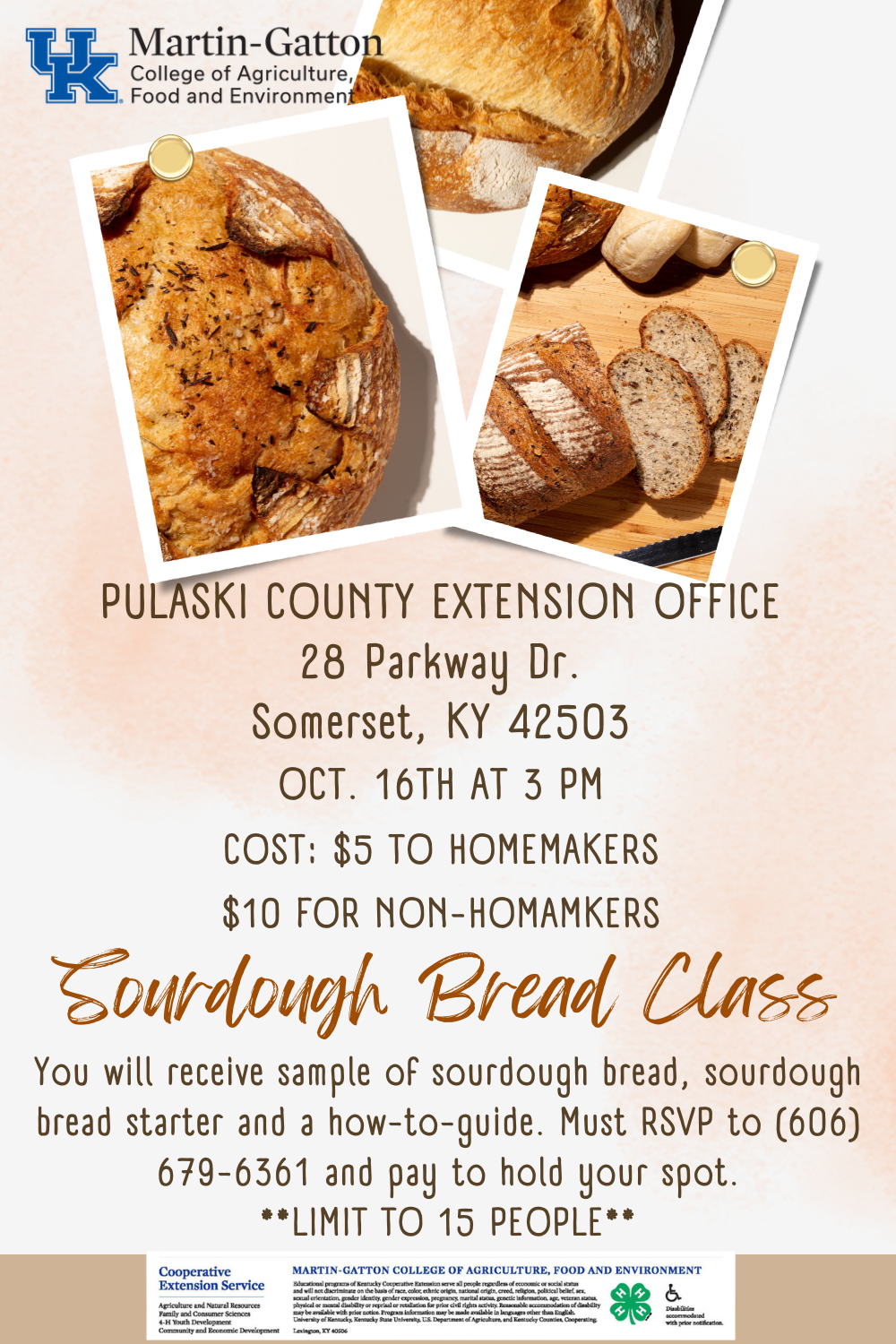 Flyer for sourdough bread class oct. 16th, call 606-679-6361 for more information